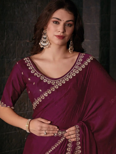 Stunning Maroon Zircon Work Satin Event Wear Saree With Blouse